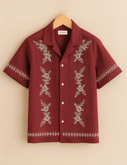 Classic Thread Work Maroon Printed Half Sleeve Shirt GenZ Edition