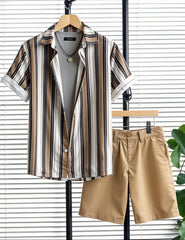 Men's Classic Striped Shirt & Khaki Shorts Set – Casual Summer Two-Piece Outfit