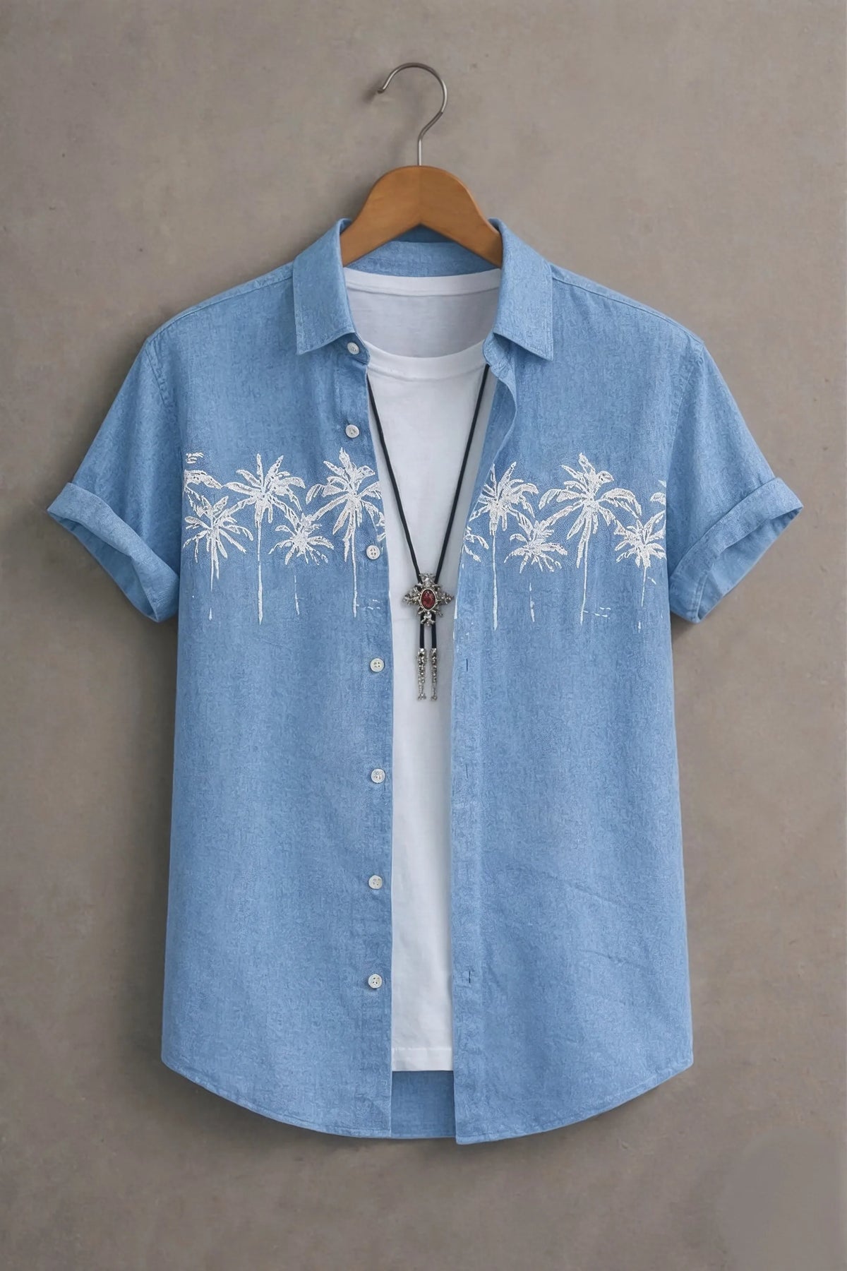 Men’s Sky Blue Palm Tree Embroidered Shirt