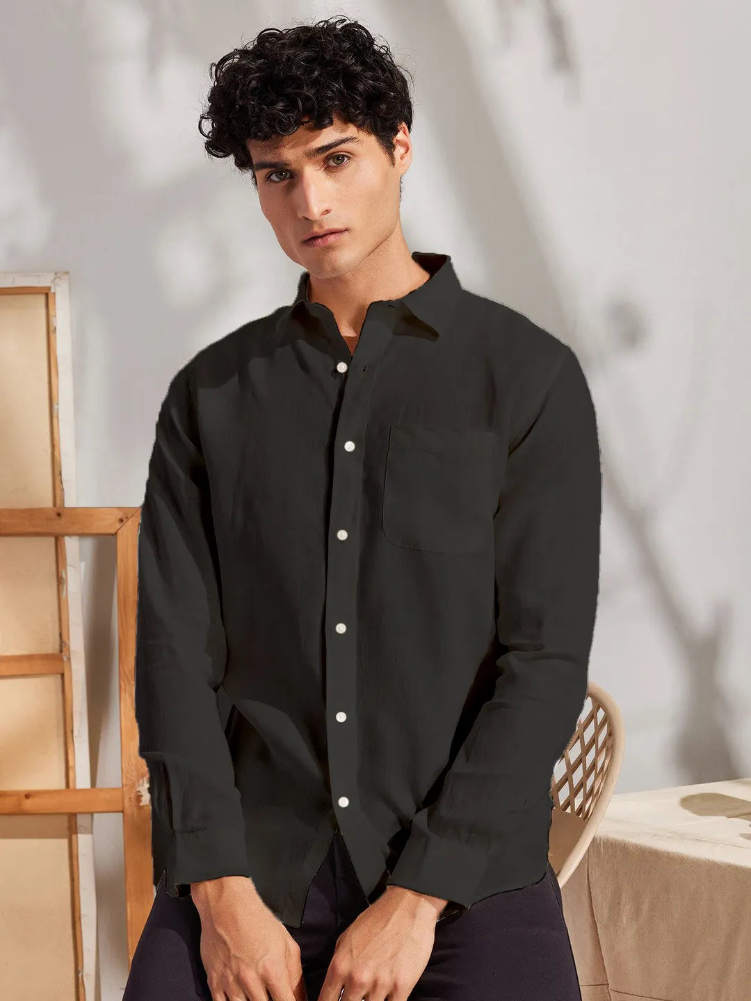 Solid Black Premium Cotton Casual Full Sleeve Shirt for Men