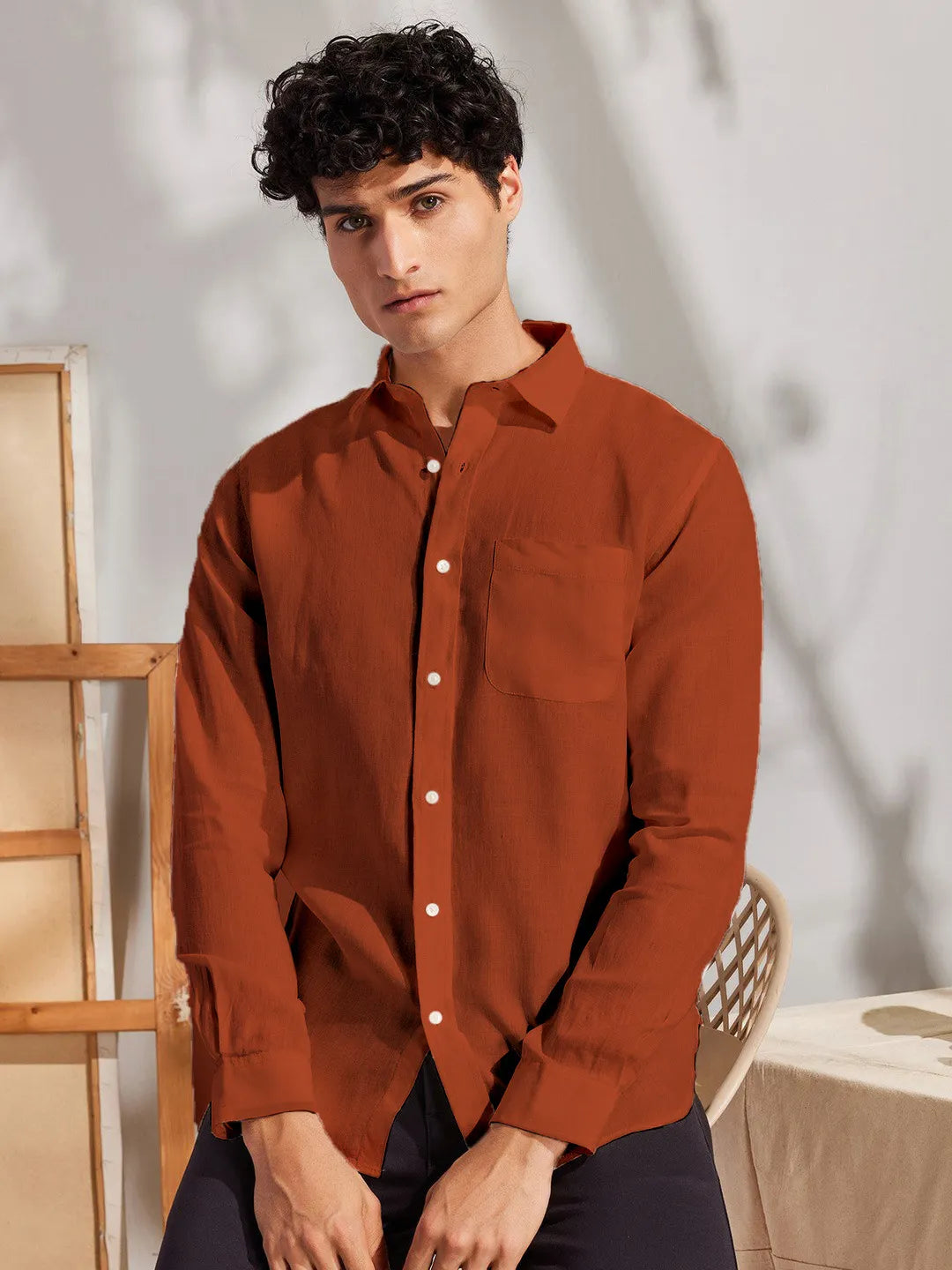 Solid Orange Premium Cotton Casual Full Sleeve Shirt for Men