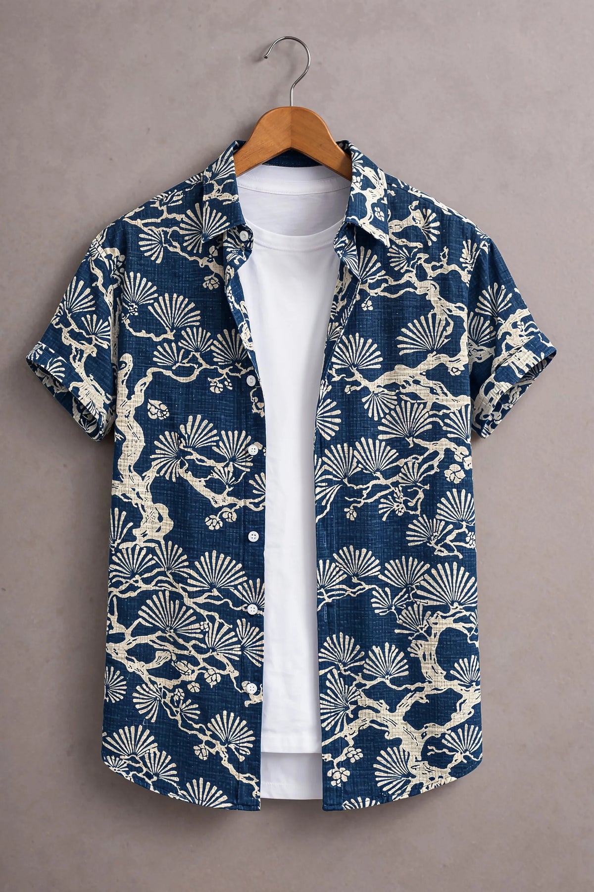 Men’s Navy Blue Japanese Tree Printed Shirt