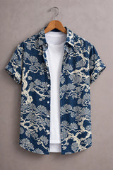 Men’s Navy Blue Japanese Tree Printed Shirt