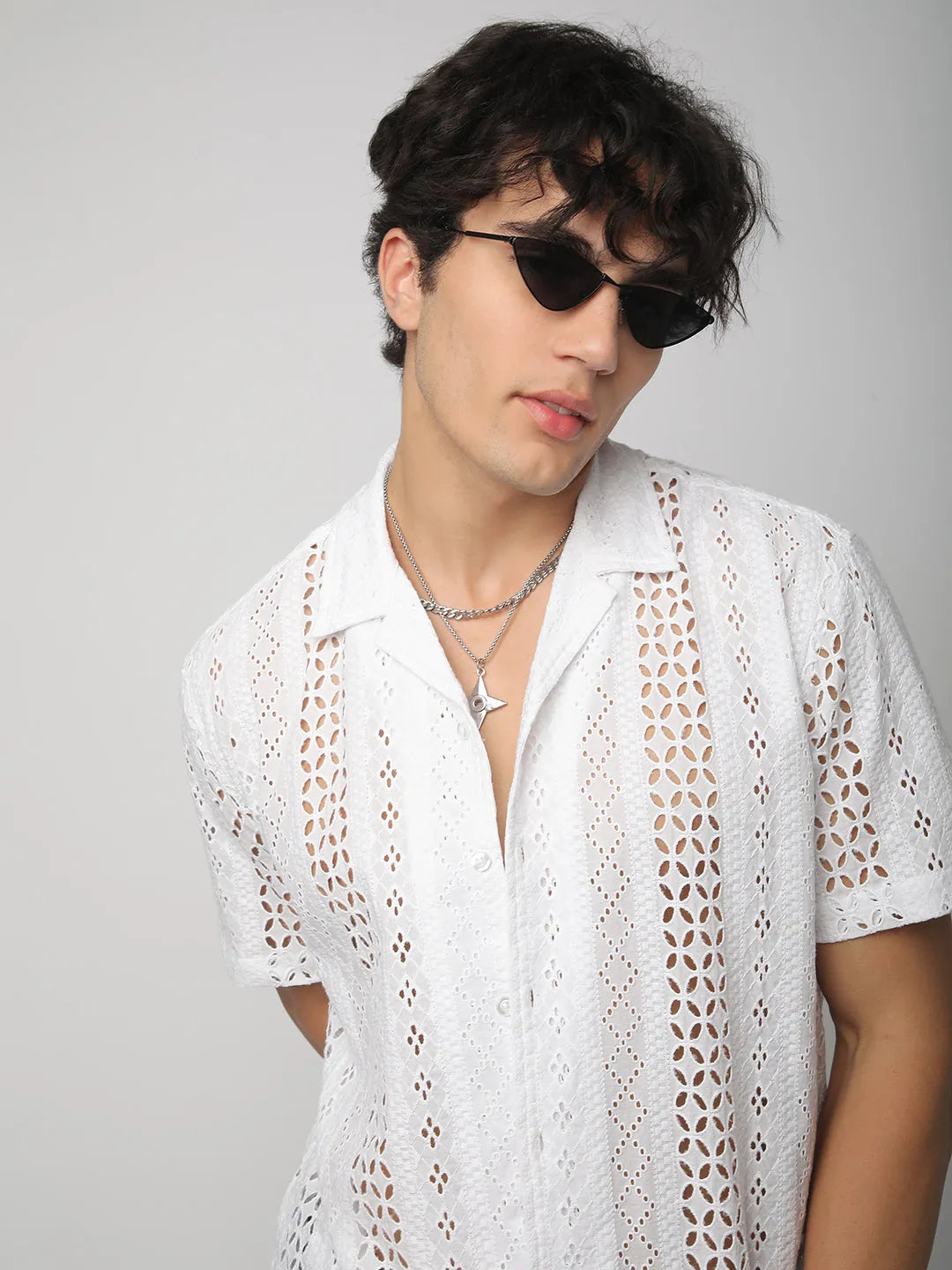 White Aura Ethereal Stripe Linear Cut Shiffli Shirt