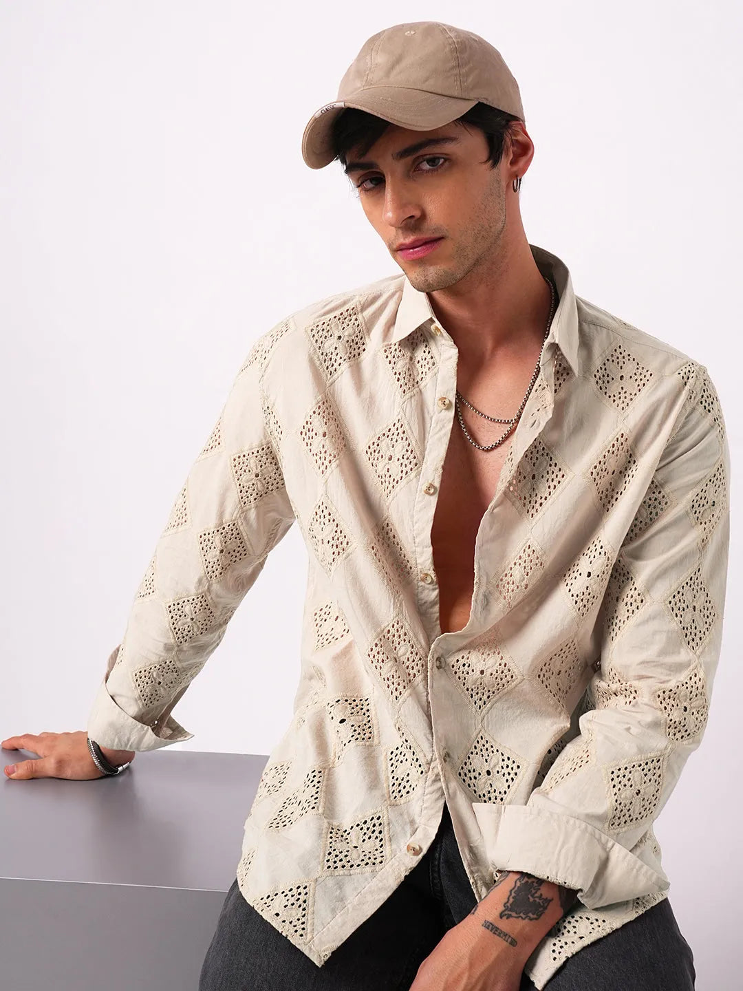 Desert Bloom Diamond Cut Full Sleeve Shiffli Cotton Shirt