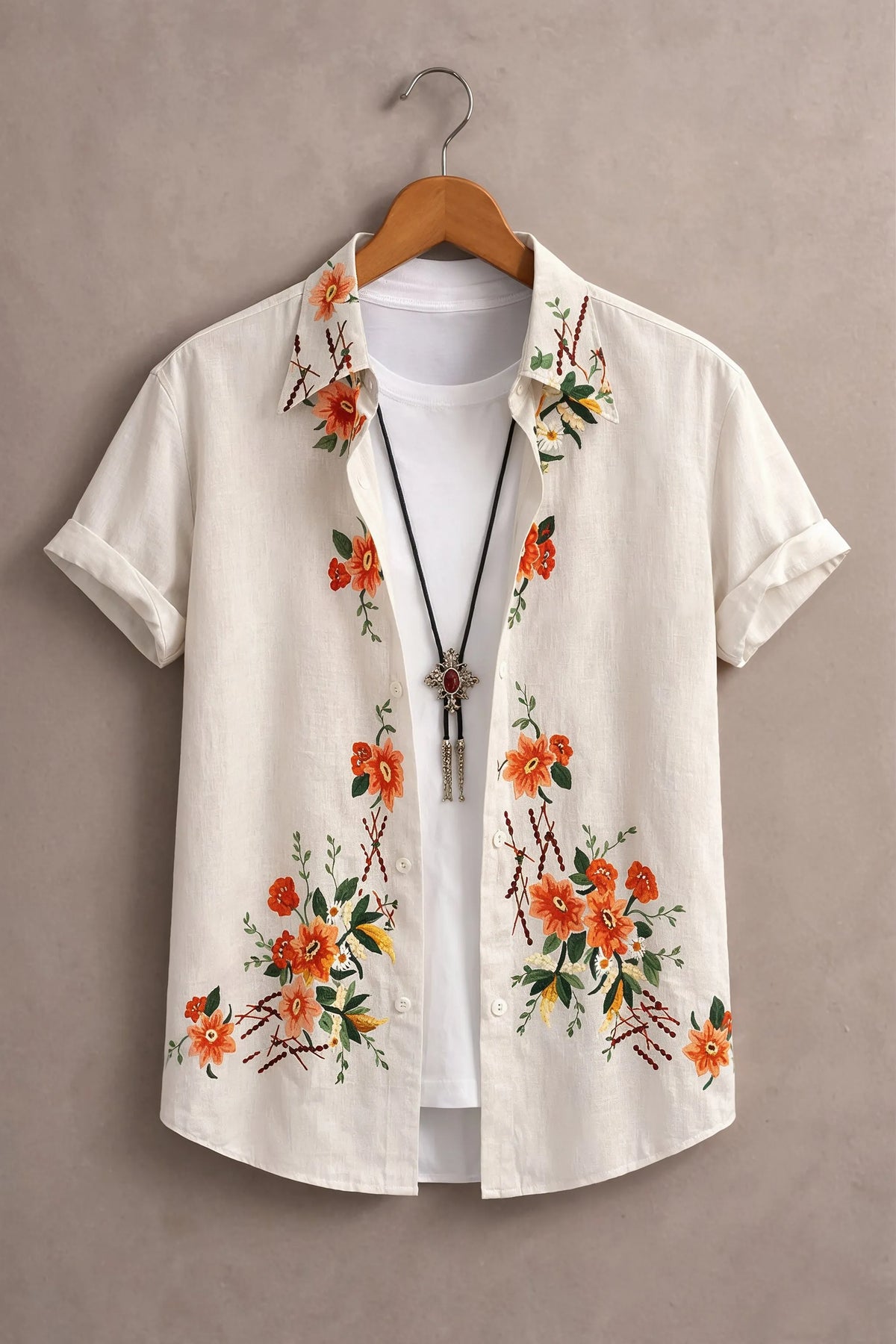 Men’s White Floral Embroidered Shirt