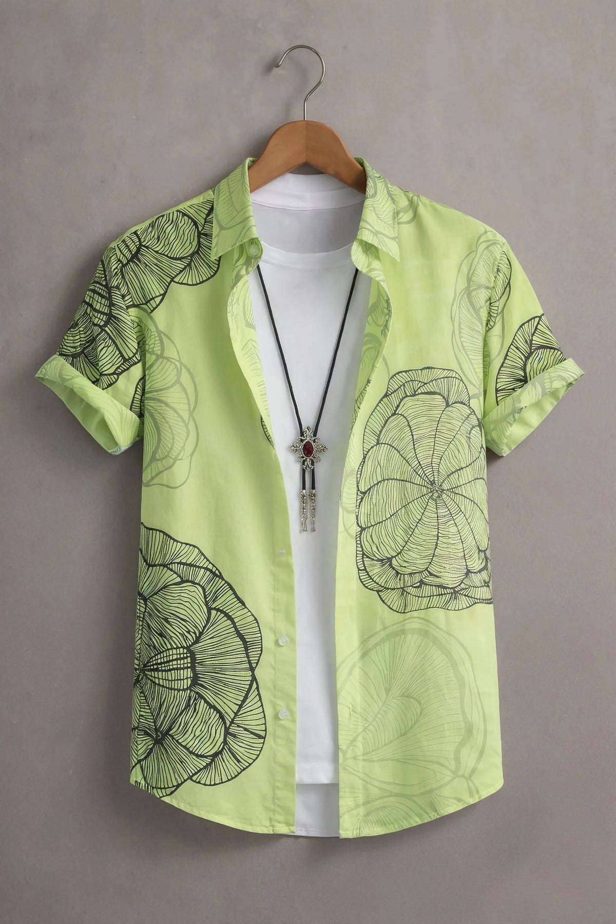 Men’s Lime Green Floral Line Art Printed Shirt