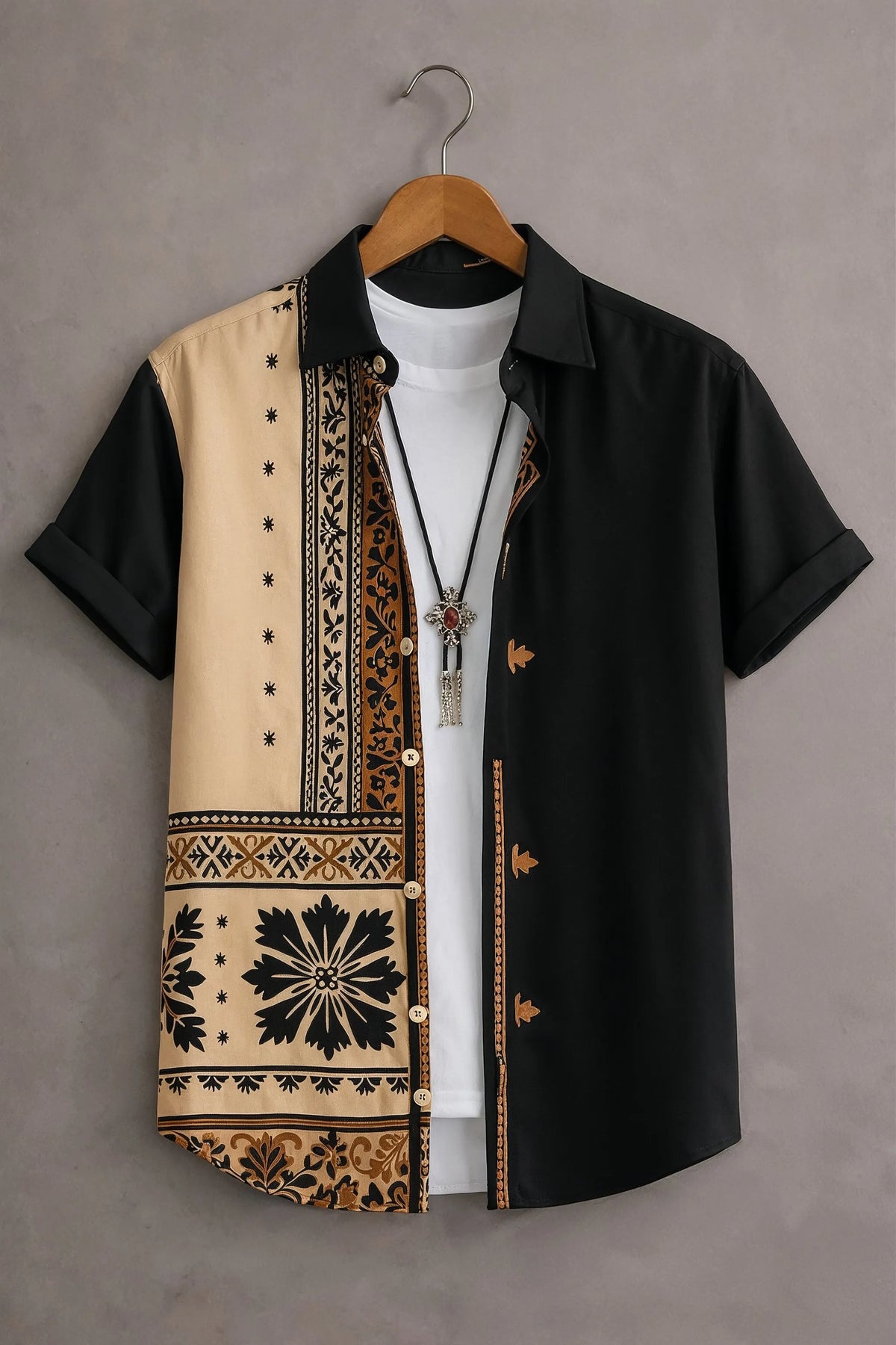 Men’s Black & Beige Ethnic Panel Printed Shirt
