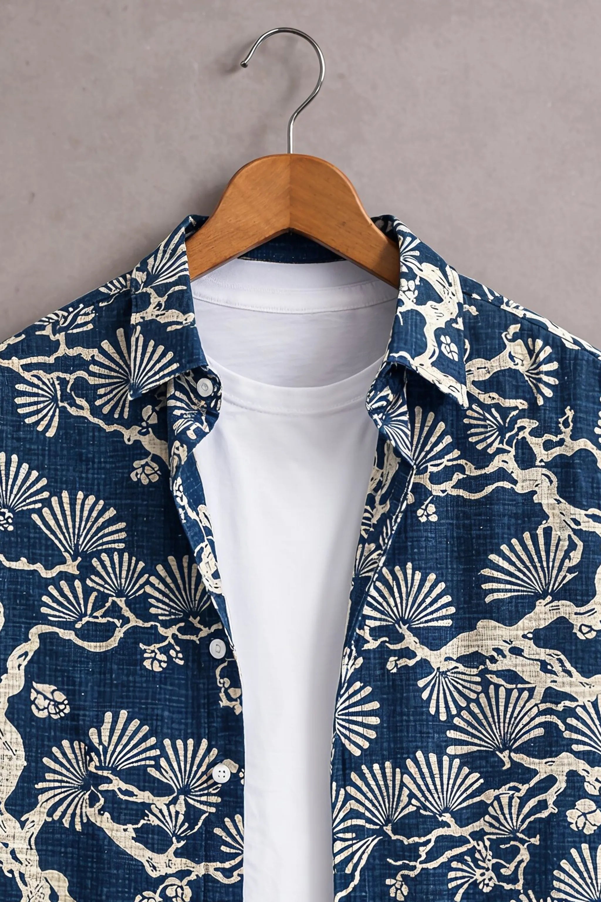 Men’s Navy Blue Japanese Tree Printed Shirt
