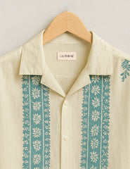 Ivory Base Blue Embroidery Pattern Print Half Sleeve Shirt GenZ Edition