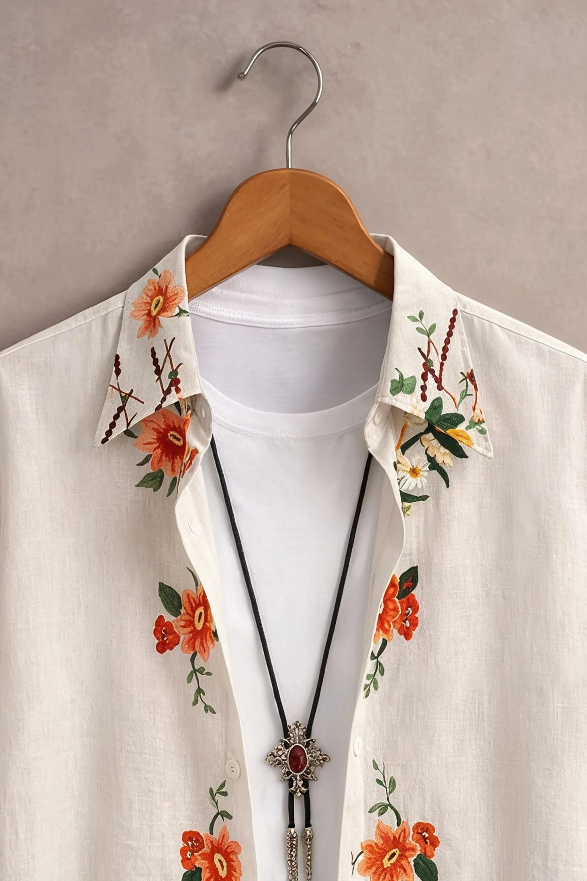 Men’s White Floral Embroidered Shirt