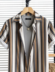 Men's Classic Striped Shirt & Khaki Shorts Set – Casual Summer Two-Piece Outfit