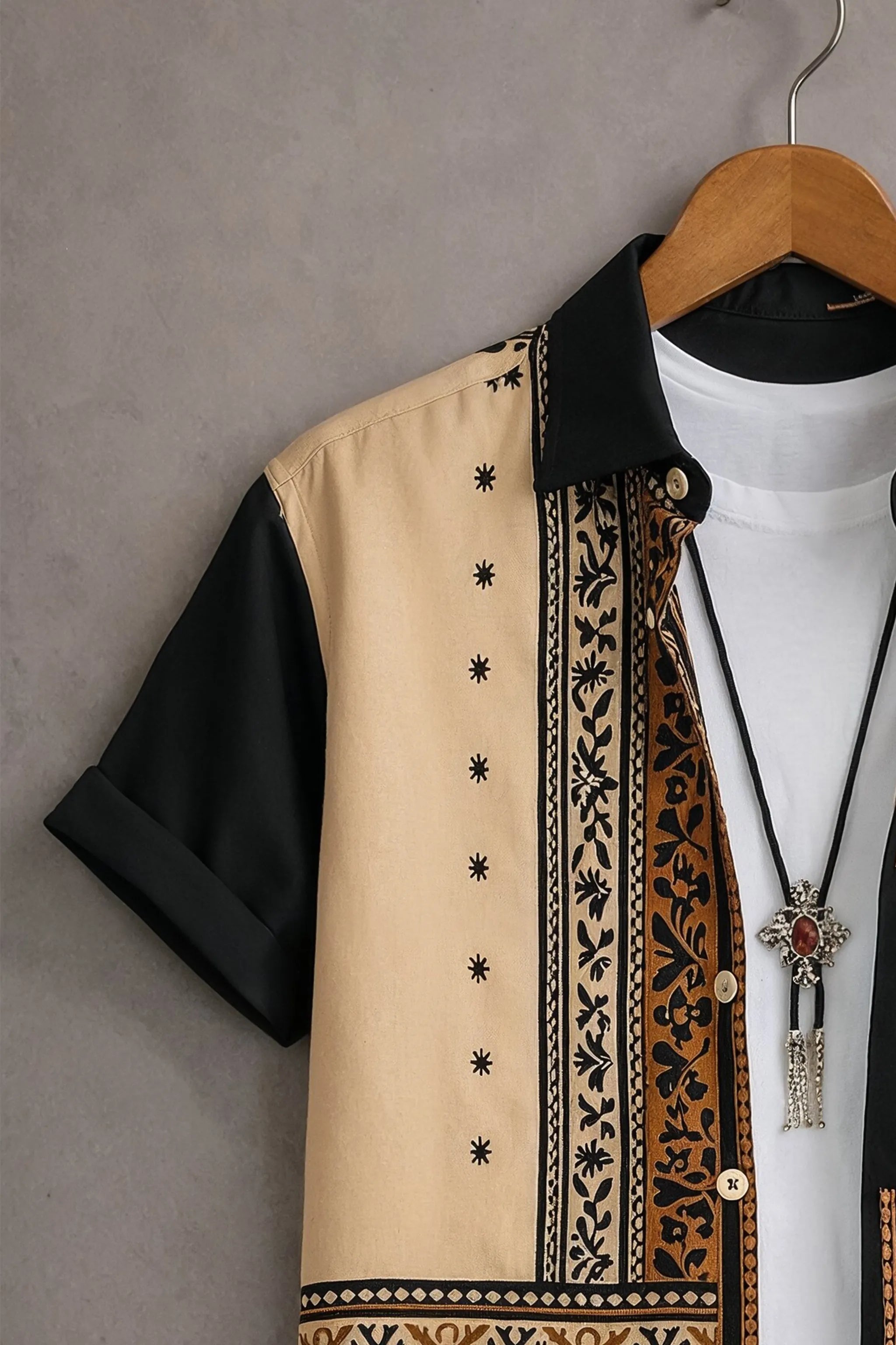 Men’s Black & Beige Ethnic Panel Printed Shirt
