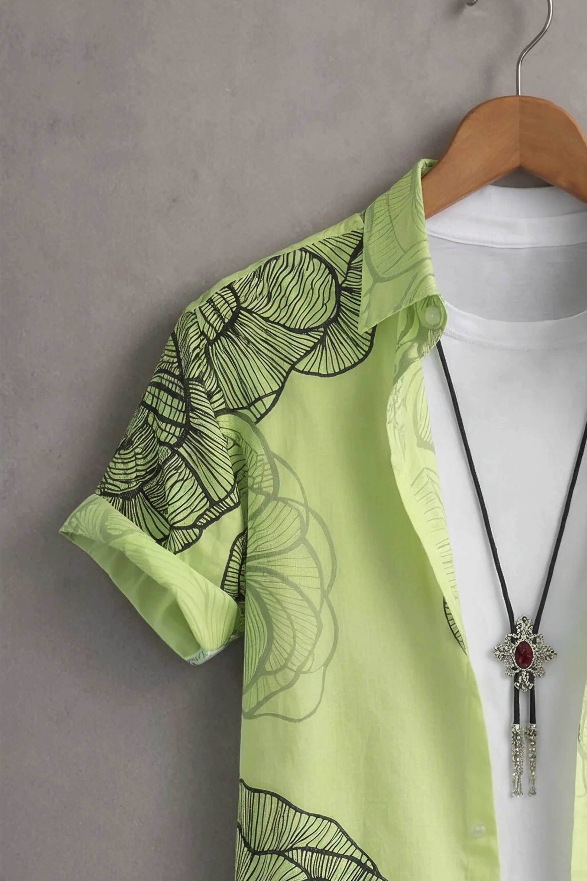 Men’s Lime Green Floral Line Art Printed Shirt