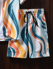 Men's Retro Wave Print Summer Set – Short Sleeve Shirt & Drawstring Shorts