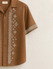 Tribal Lines Brown Embroidery Print Half Sleeve Shirt GenZ Edition