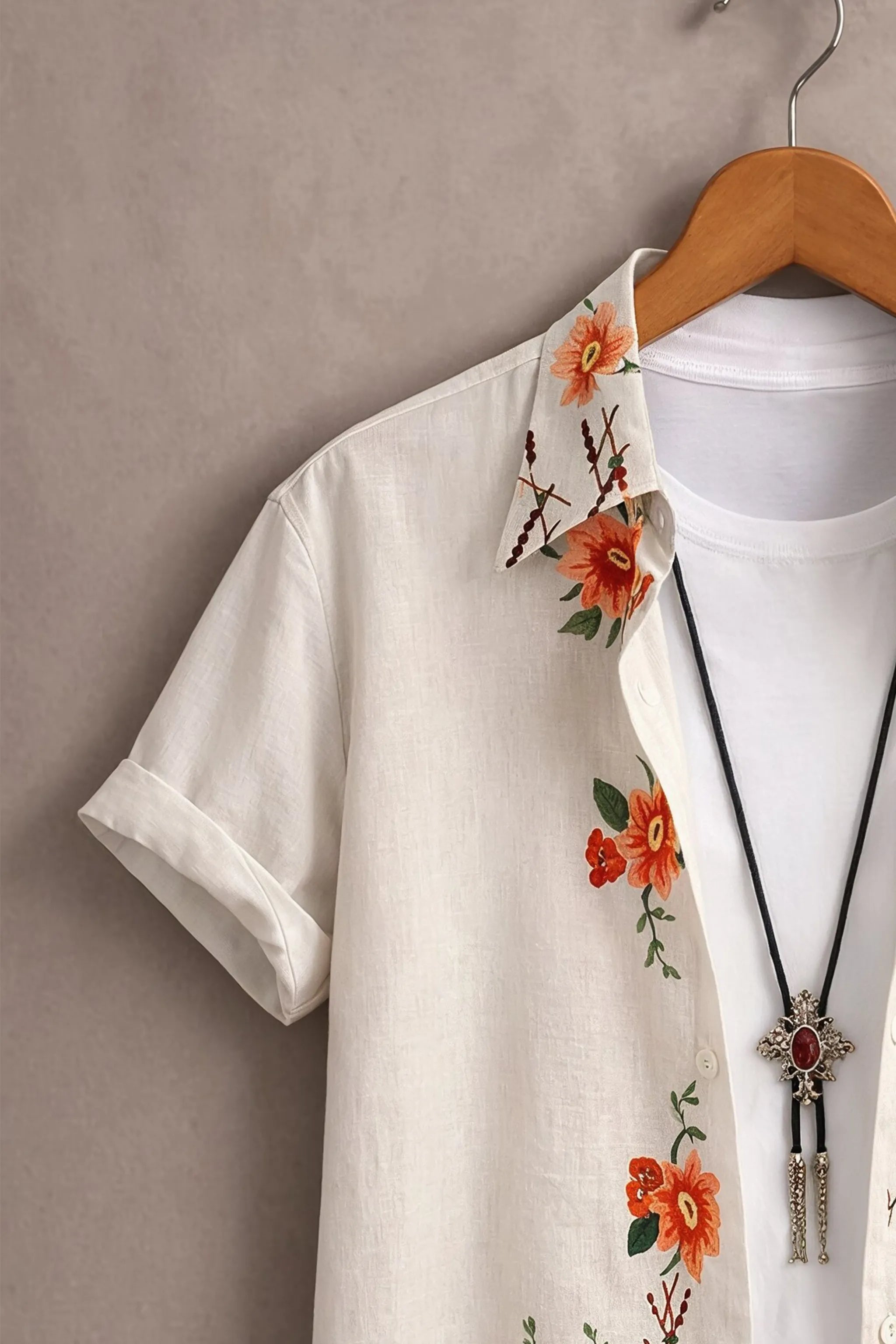 Men’s White Floral Embroidered Shirt