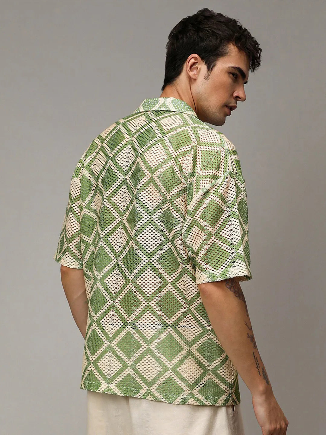 Green & Cream Rustic Harmony Shiffli Printed Shirt