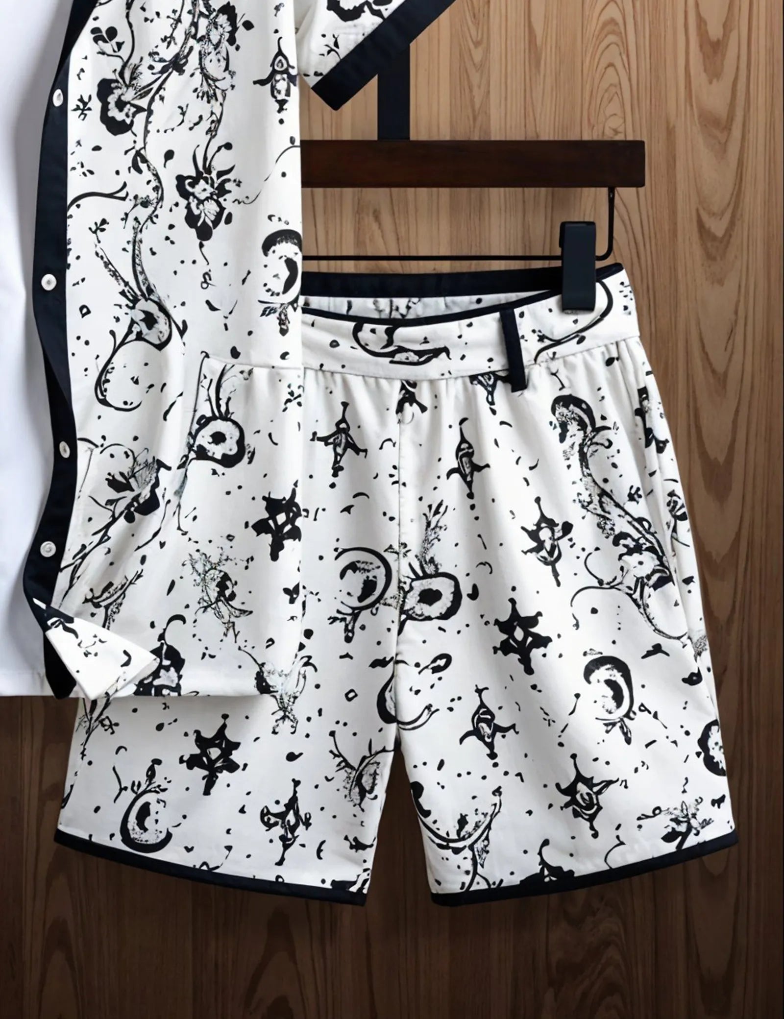 Men's Monochrome Artistic Print Shirt & Shorts Set – Stylish Summer 2-Piece Outfit