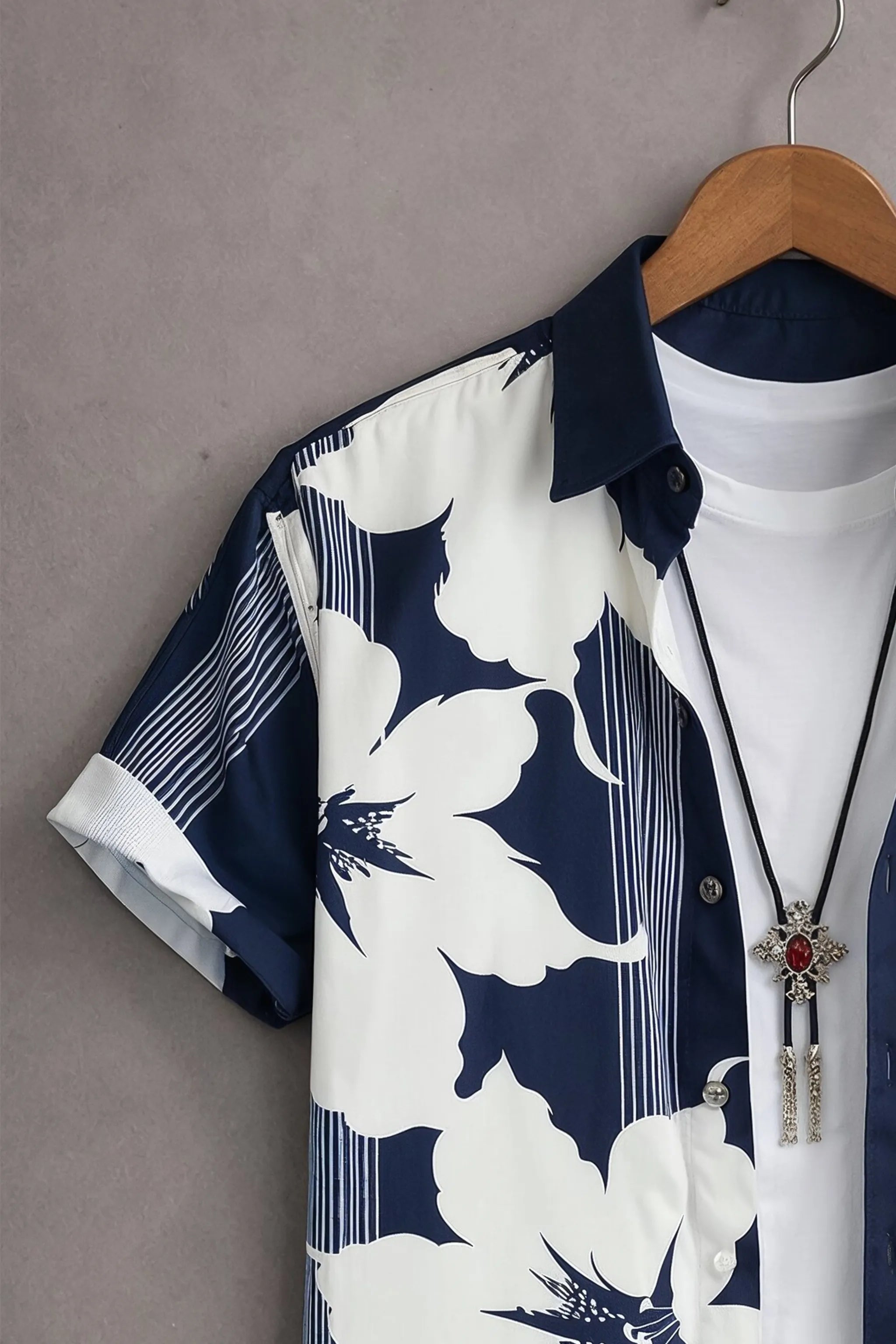 Men’s Navy Blue Floral Stripe Printed Shirt