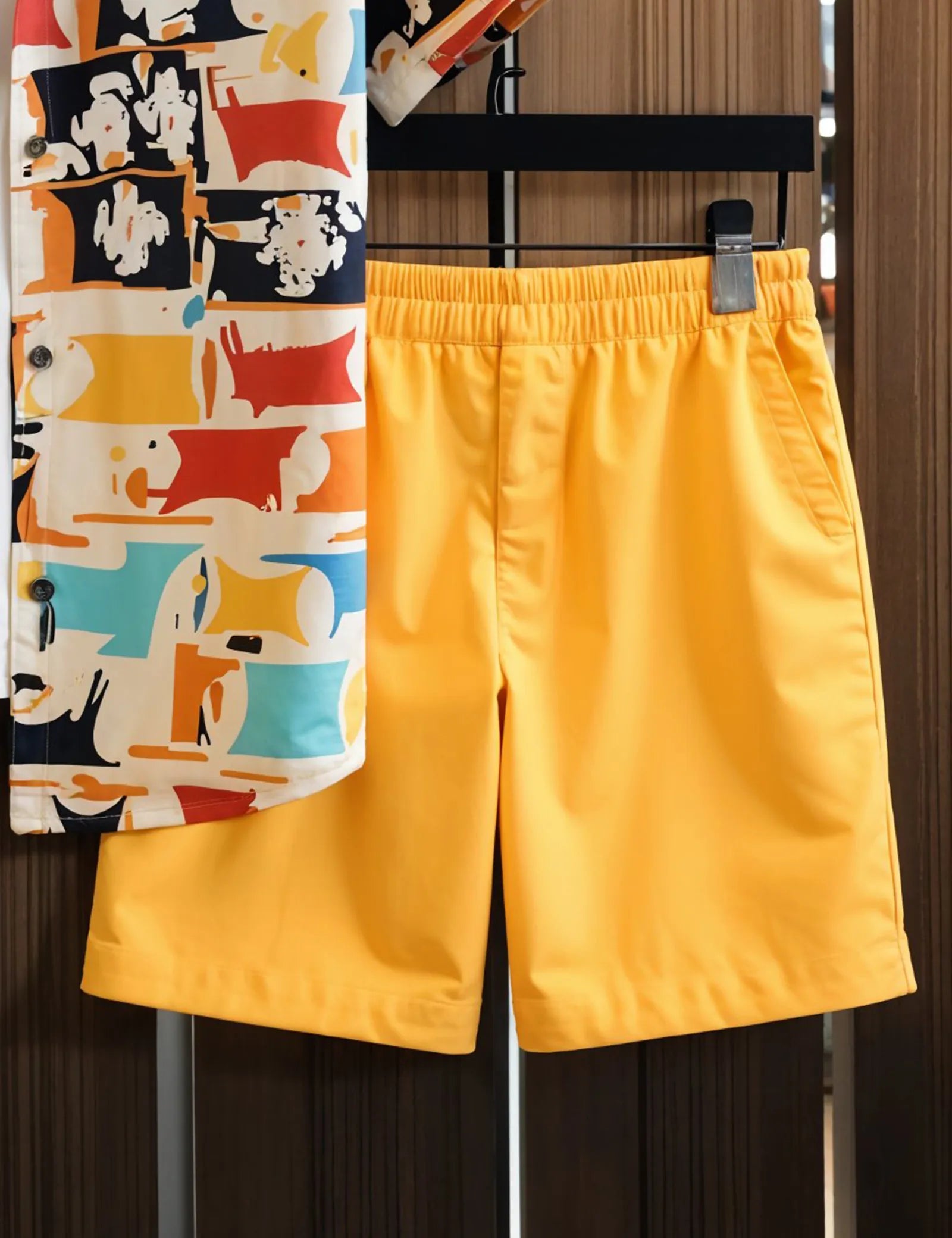 Men's Abstract Print Shirt and Yellow Shorts Set – Vibrant Summer Streetwear Outfit