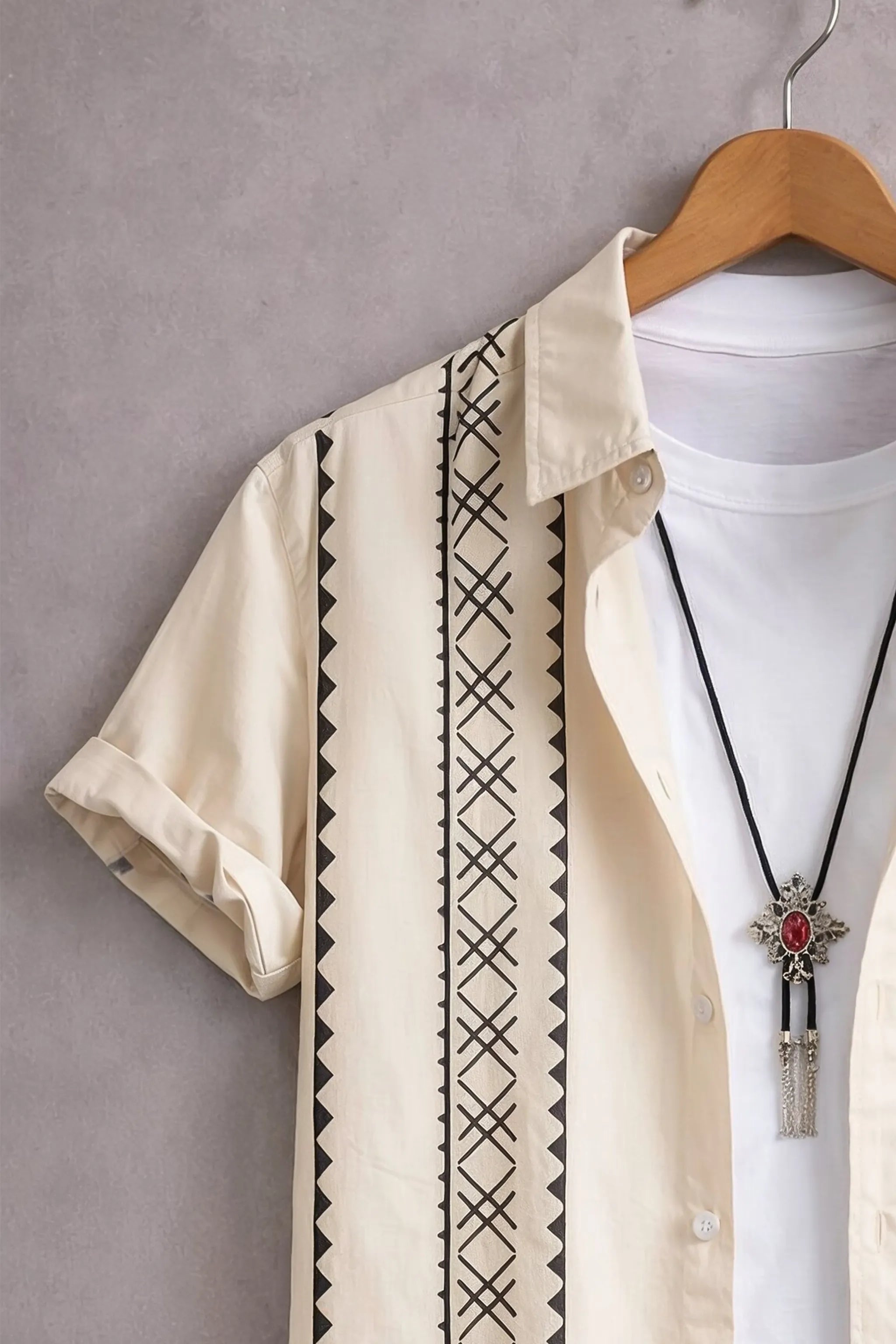 Men’s Cream Geometric Stripe Printed Shirt