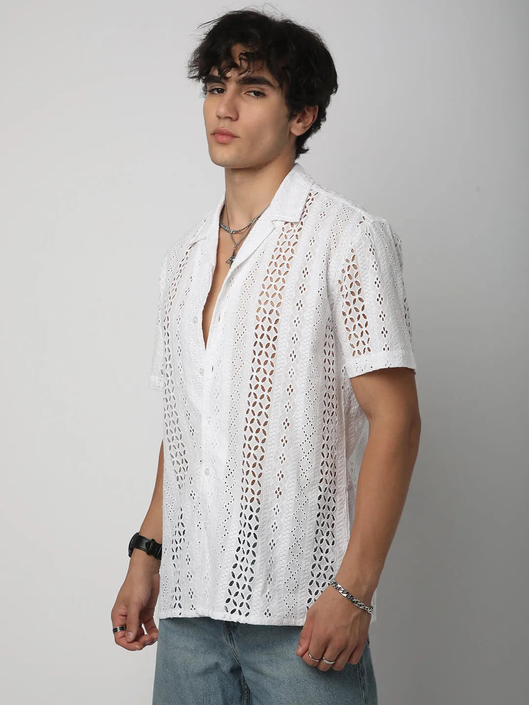 White Aura Ethereal Stripe Linear Cut Shiffli Shirt