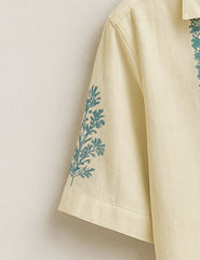 Ivory Base Blue Embroidery Pattern Print Half Sleeve Shirt GenZ Edition