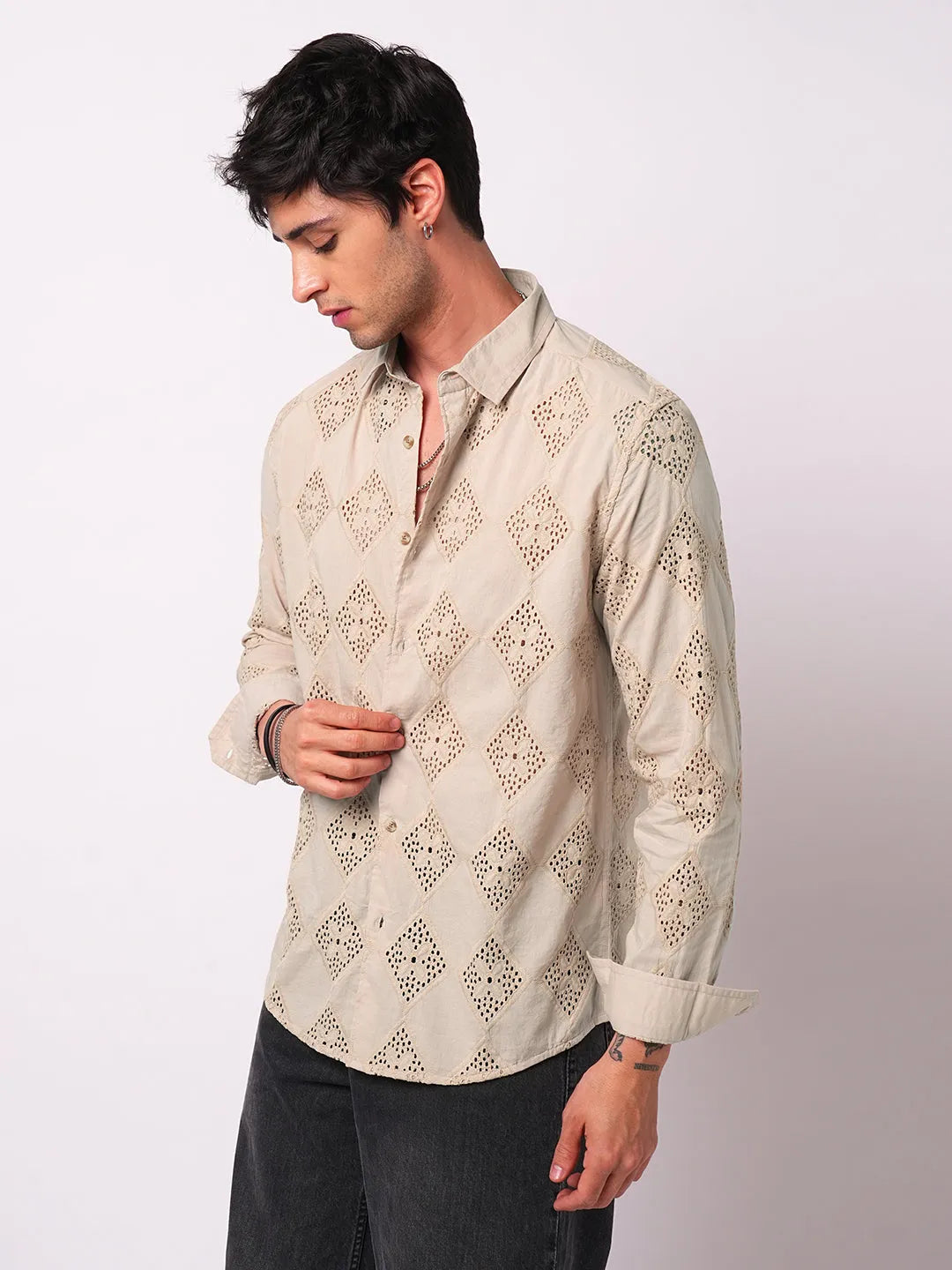 Desert Bloom Diamond Cut Full Sleeve Shiffli Cotton Shirt