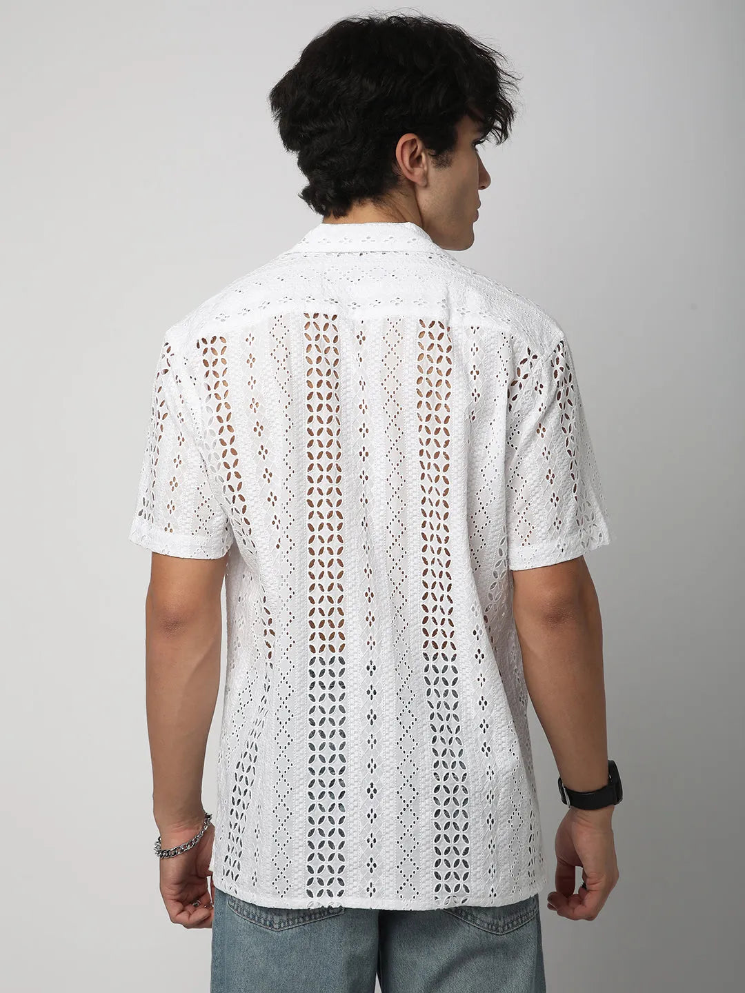 White Aura Ethereal Stripe Linear Cut Shiffli Shirt