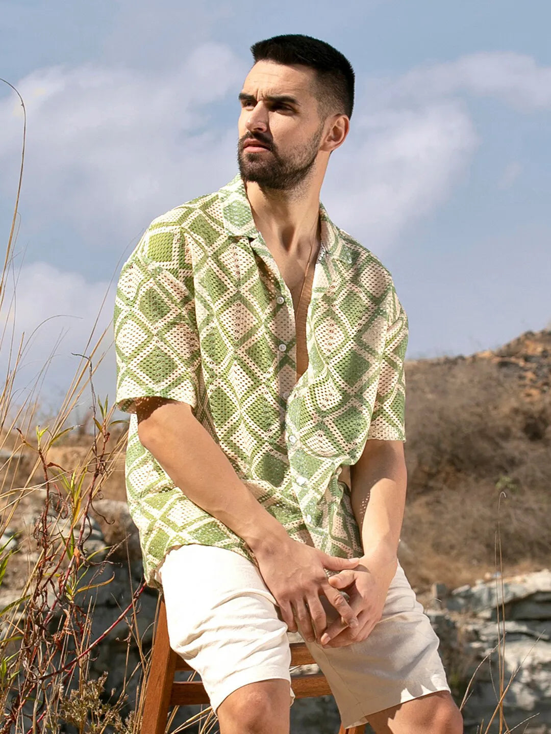 Green & Cream Rustic Harmony Shiffli Printed Shirt