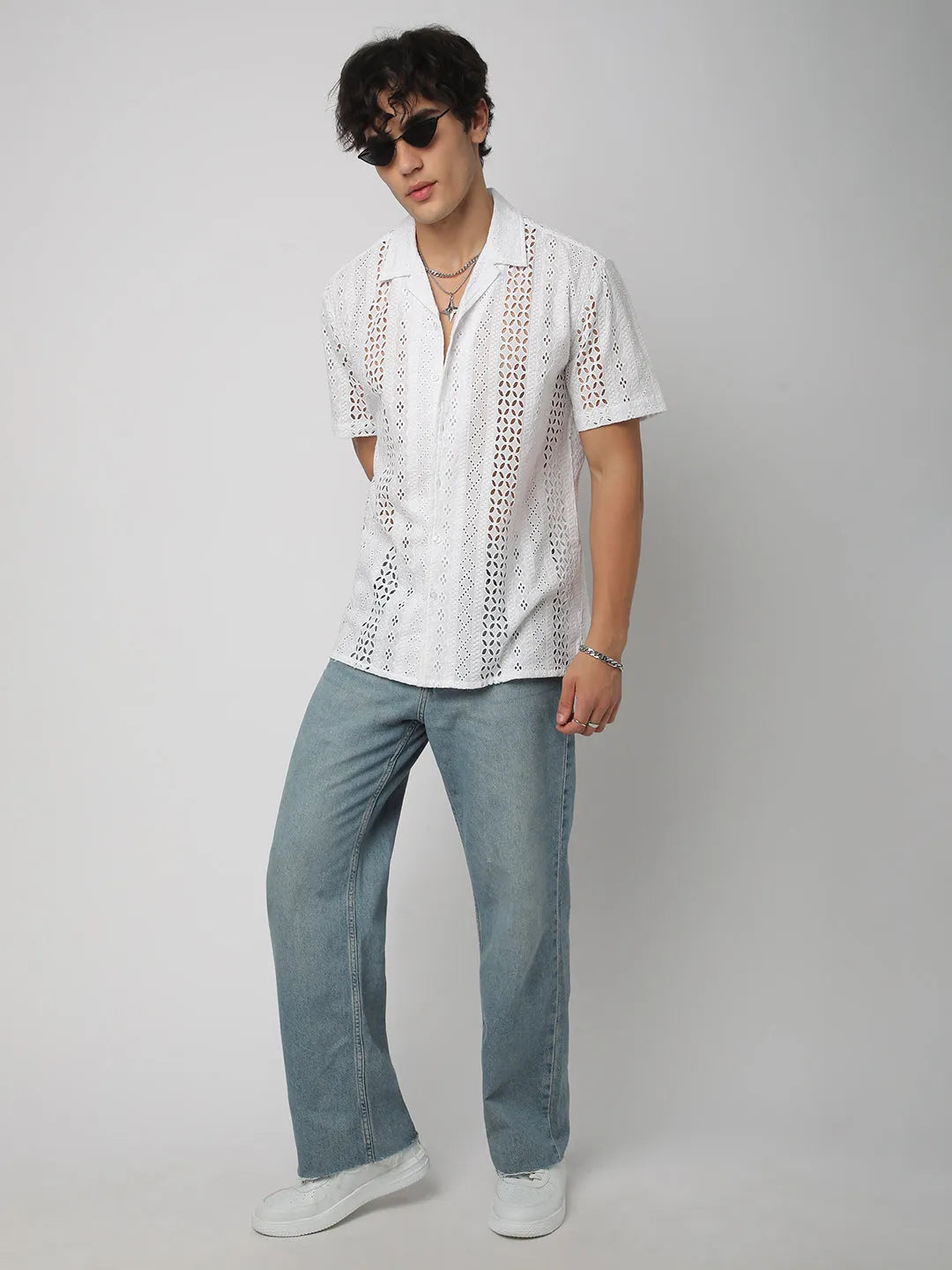 White Aura Ethereal Stripe Linear Cut Shiffli Shirt