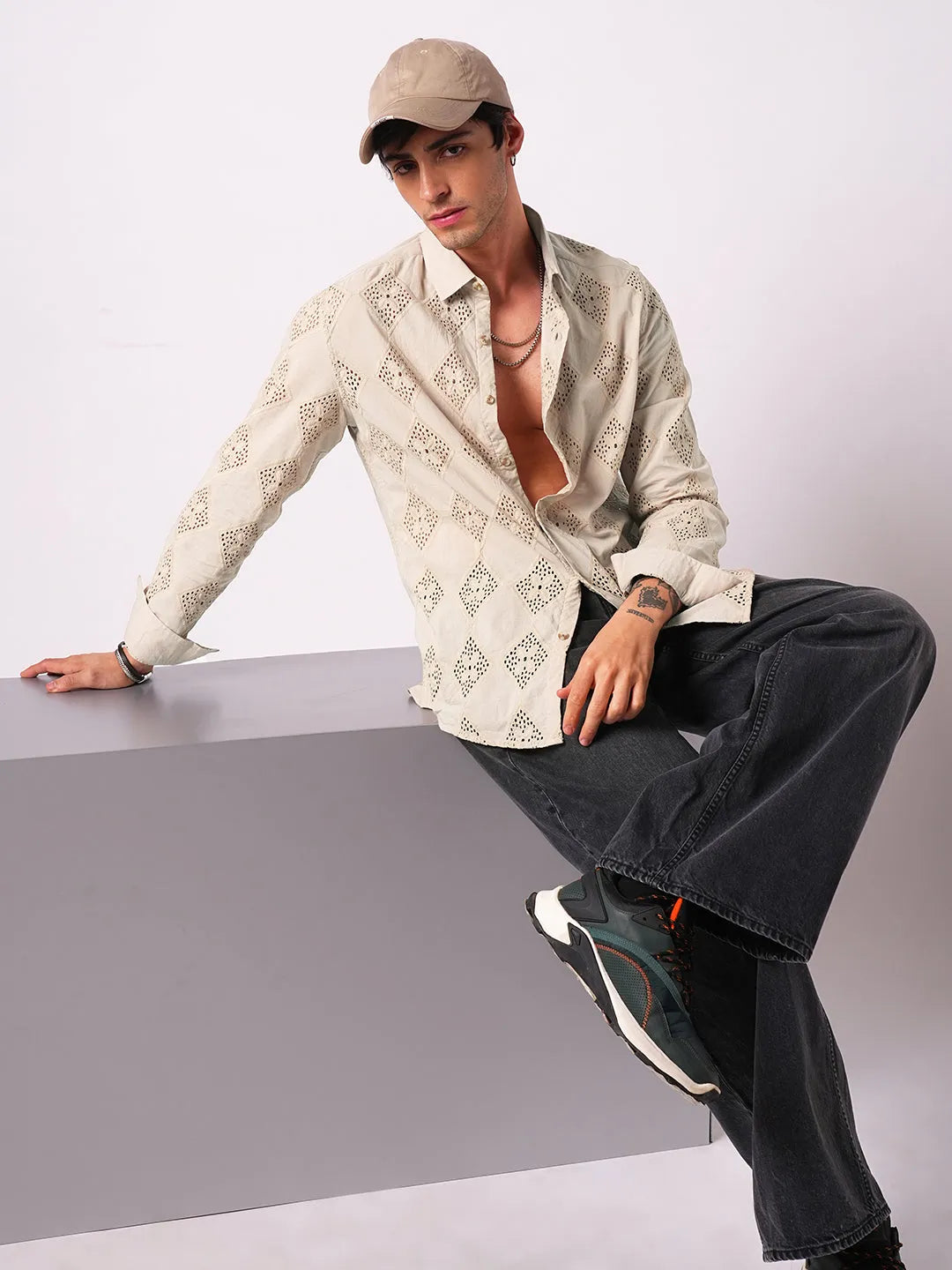 Desert Bloom Diamond Cut Full Sleeve Shiffli Cotton Shirt