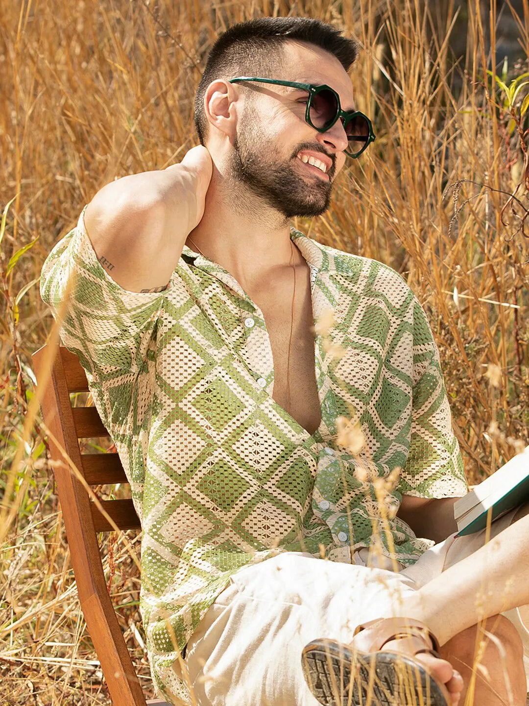 Green & Cream Rustic Harmony Shiffli Printed Shirt