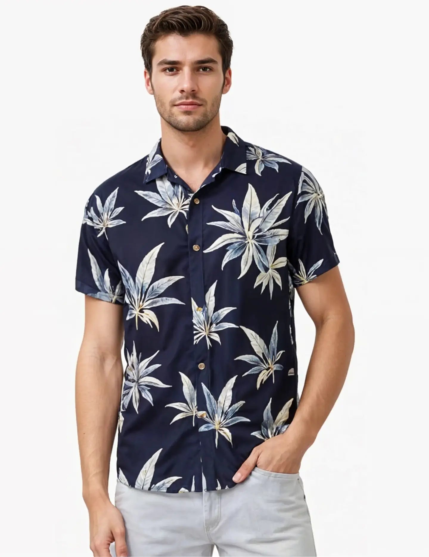 Navy Leaves Printed Men's Shirt Half Sleeves Exclusive Summer Edition