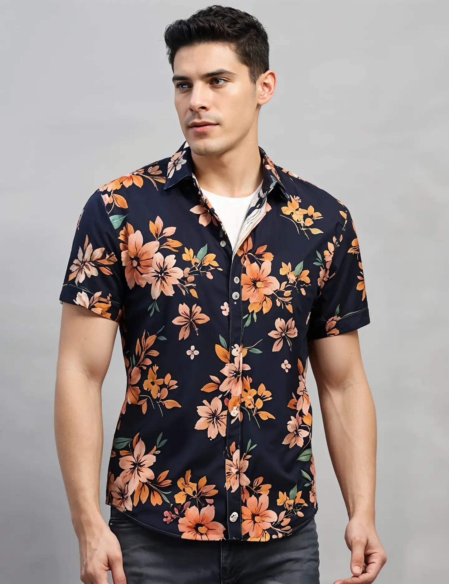 Navy Floral Printed Men's Shirt Half Sleeves Exclusive Summer Edition